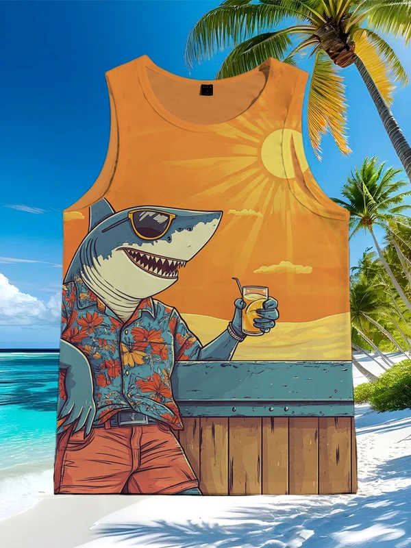 Men's Vacation Style Cool Shark Print Tank Top