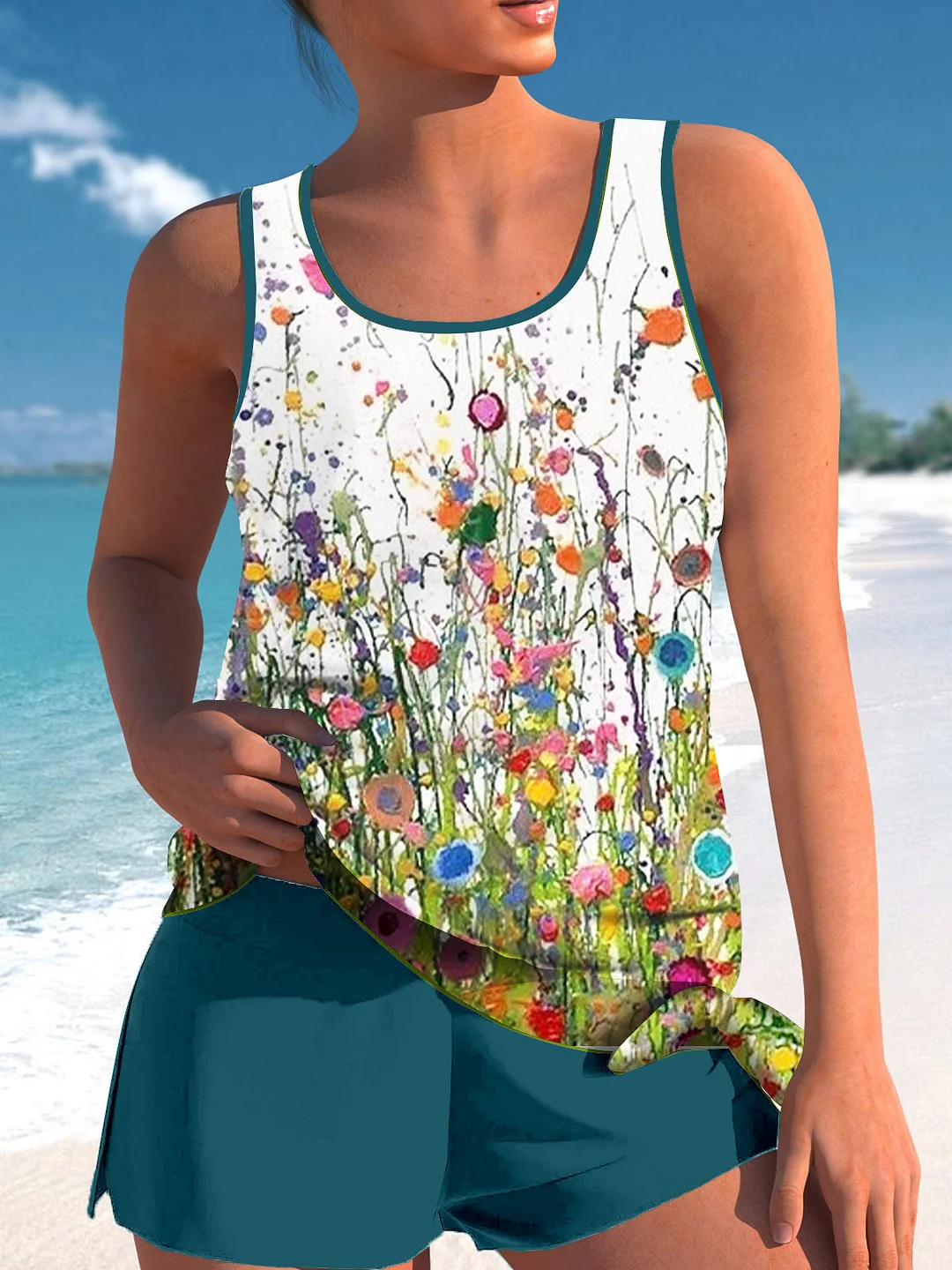 Bowknot Green Floral Printed Mid Waisted Tankini Set - Plus Size Available
