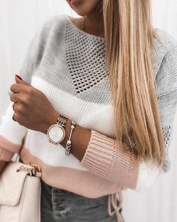 Long-sleeved Round Neck Contrast Sweater - Chicaggo