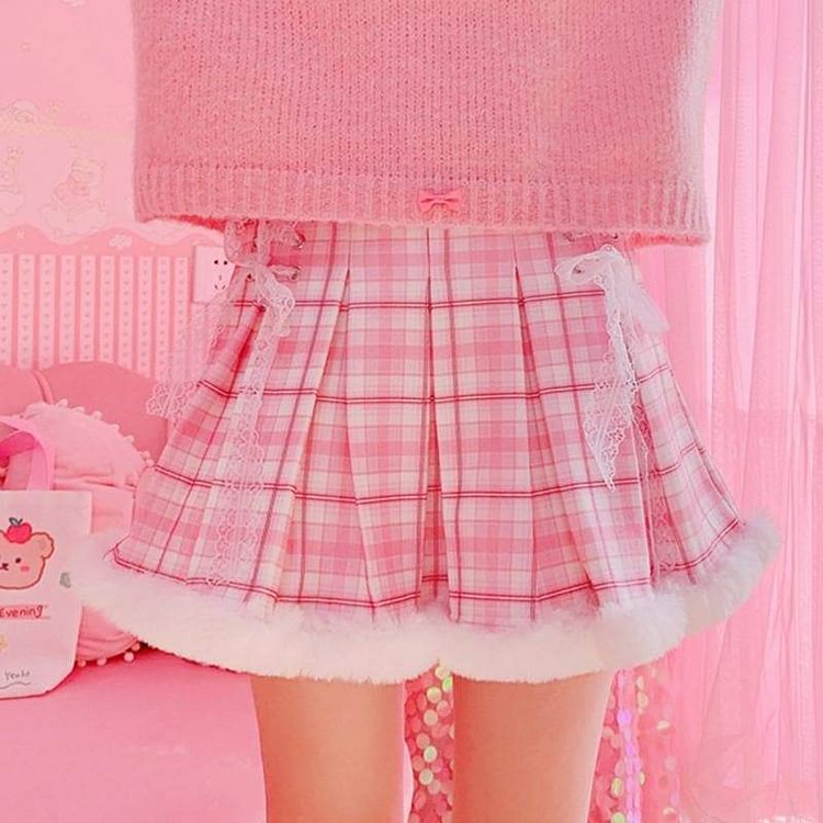 Pink White Girl Cute Frenum Plaid Pleated Skirt SP15582