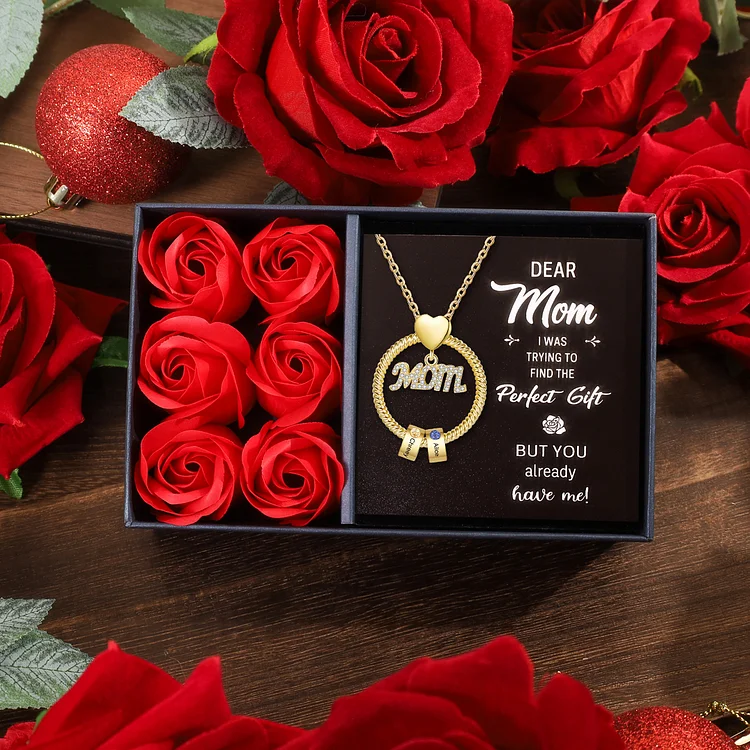2 Names - Personalized Mom Circle Necklace Gift Set Custom Birthstones Pendant Necklace Rose Gifts
