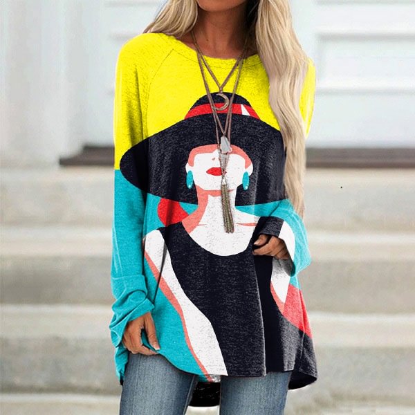 Comstylish Fashion Model Print Short Sleeve Tunic