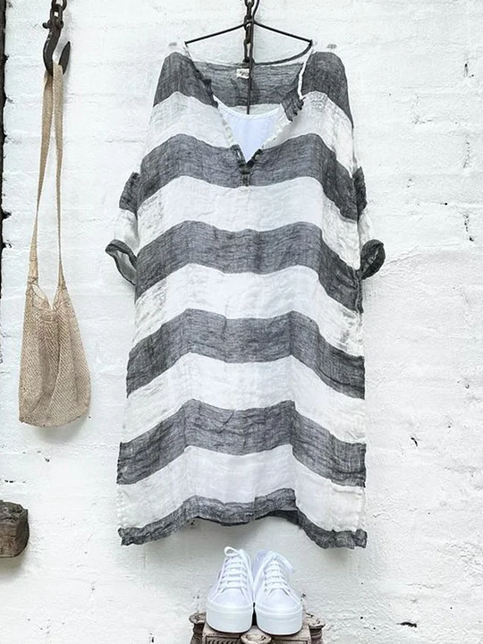 Womens Heavy Stripe V-neck Casual Linen Dress