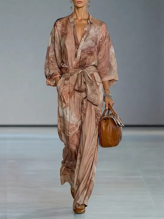 Women's Dusty Pink Print Chiffion Jumpsuit With Collared Half Placket & Self Tie Waist Belt, Modern Elegant Vacation Full Length Jumpsuit MD