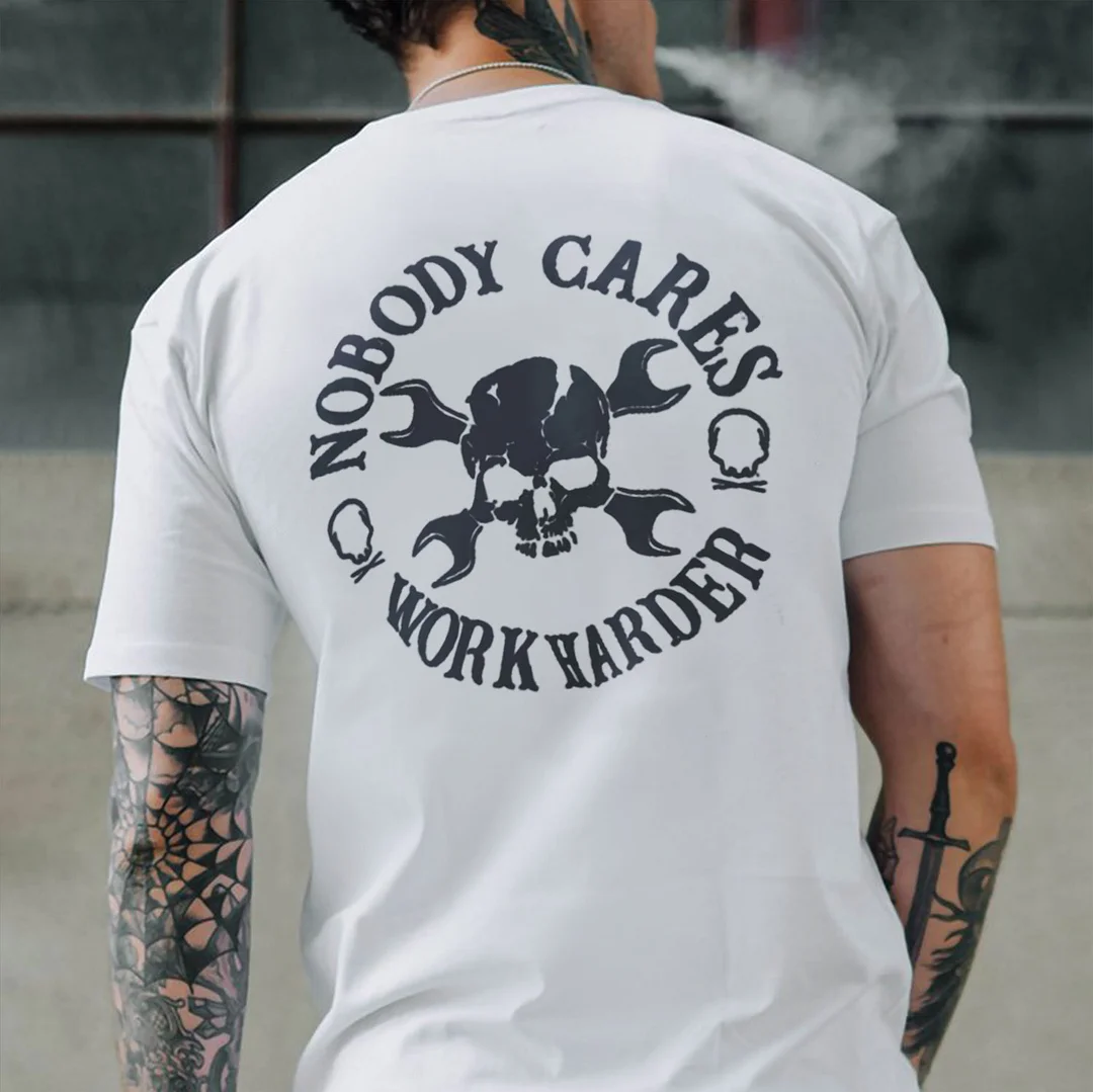NOBODY CARES, WORK HARDER Skulls with Handles Black Print T-shirt
