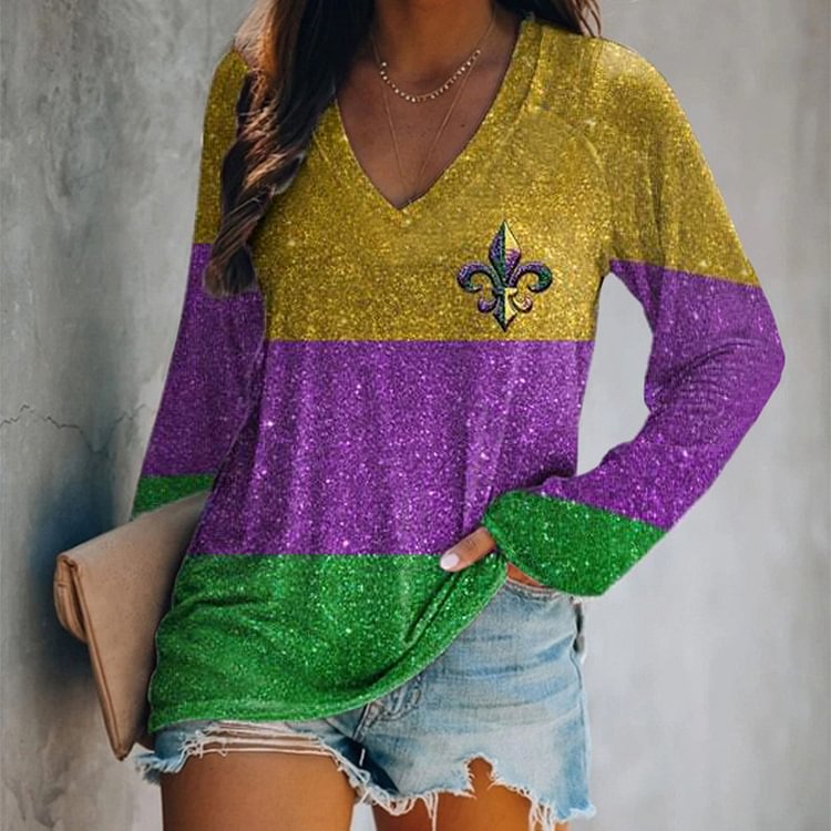 Comstylish Mardi Gras Striped V-Neck Long Sleeve Casual T-Shirt