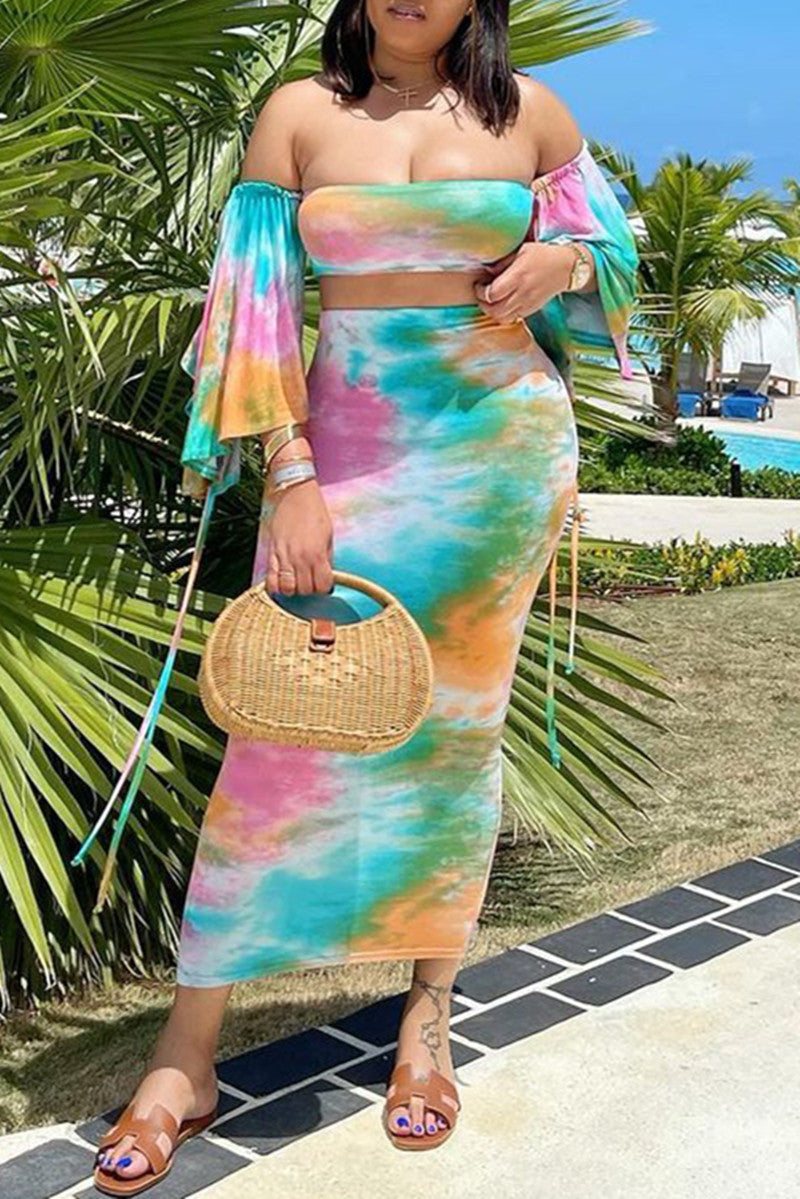 Fashion Sexy Print Tie Dye Backless Off the Shoulder Long Sleeve Two Pieces