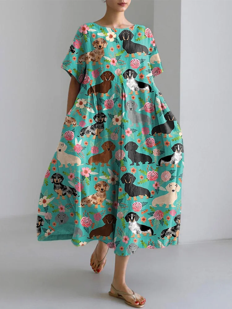Dachshund Dog & Floral Print Linen Blend Dress