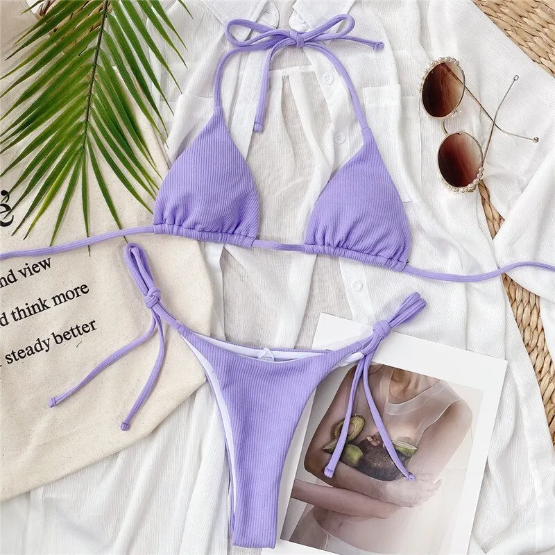 Para Praia Solid Micro Bikini Set 2021 Sexy Bandage Bathing Suit Women
