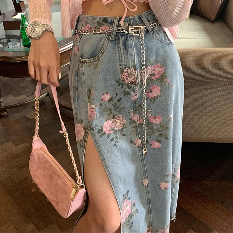 Vintage Flowers Printing Long Denim Skirt PE002