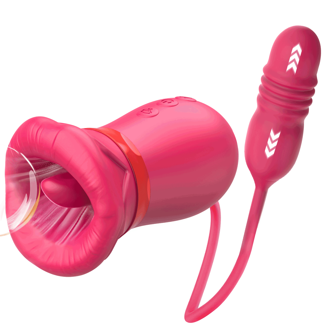 Rose Big Mouth Vibrator Clit Stimulator With Thrusting Vibrator - Rose Toy
