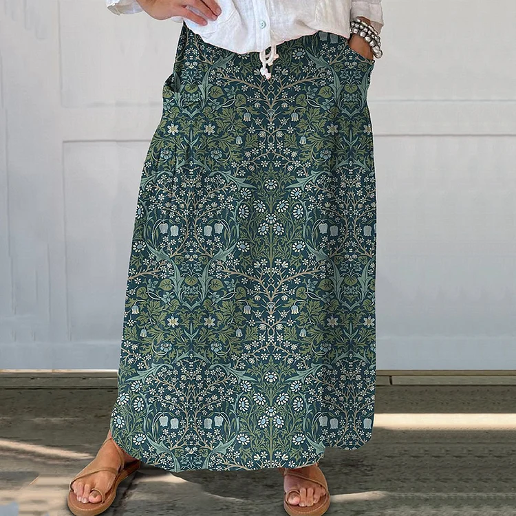 Comstylish Vintage Floral Print Linen Blend Pocket Skirt