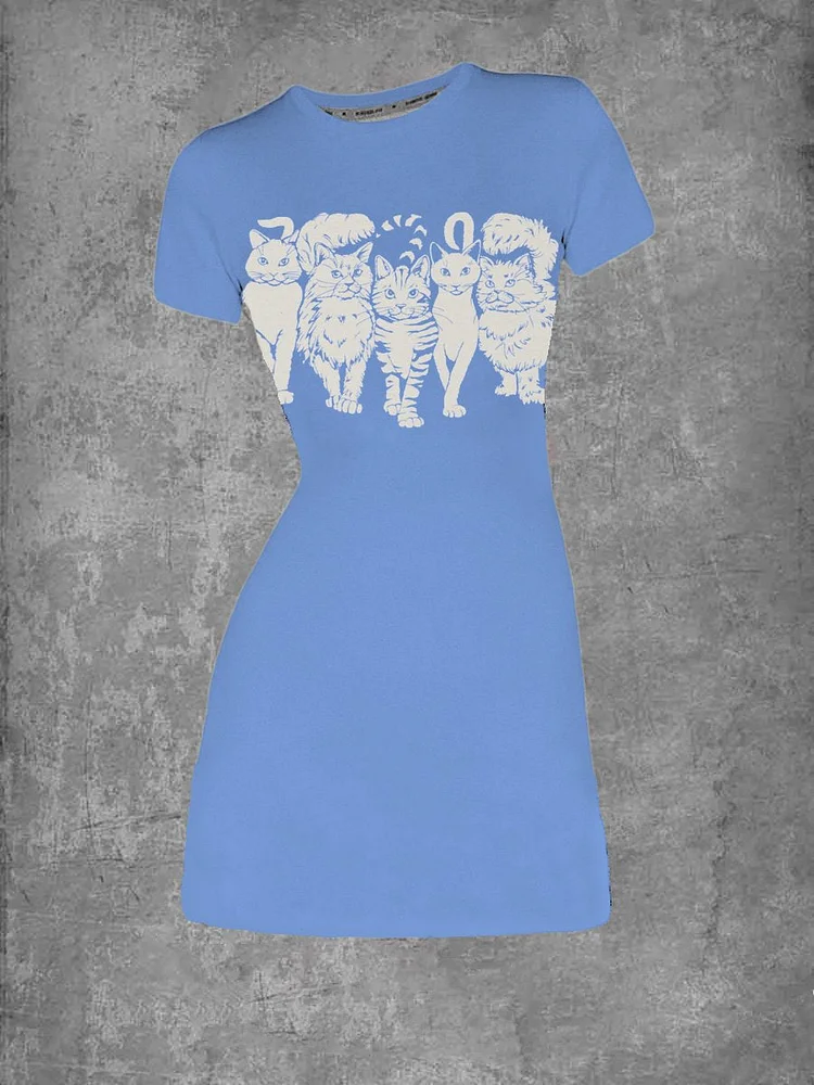 Women's Taylor Vintage Cat Print Crew Neck T-Shirt Dress