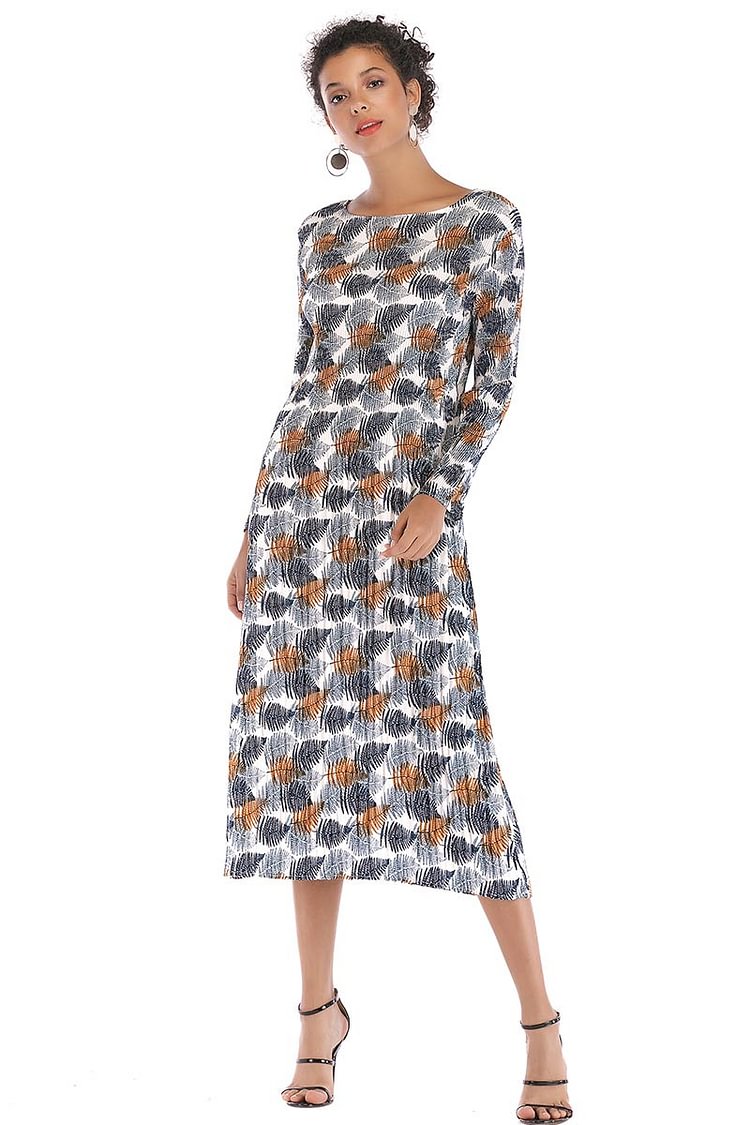 Leafy Print Long Sleeve Chiffon Dress - Chicaggo