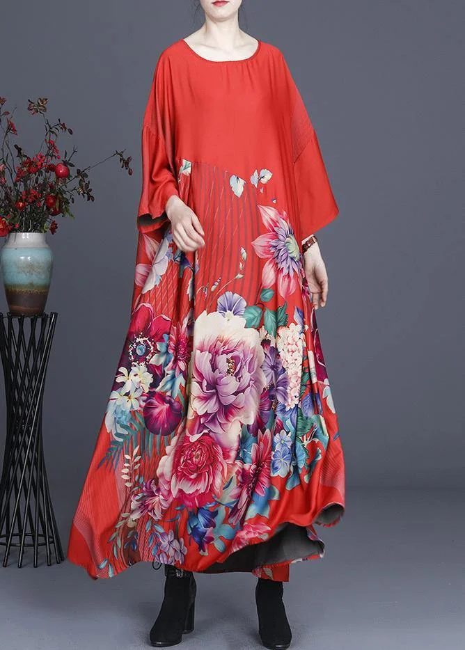 Fine Red Print O-Neck long Silk Dress Summer