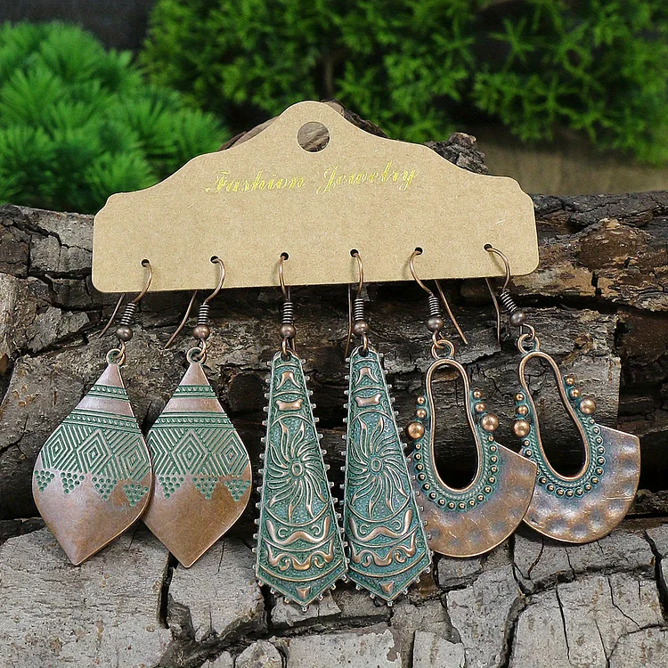 3pairs Geometric Vintage Folk Charm Earrings Ancient Copper Matchy Blue Simple Fashion Accessory