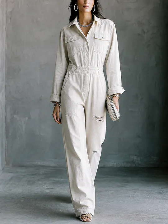 Women's Casual White Cotton Button-Front Patch Pocket Distressed Full-Length Jumpsuit MD
