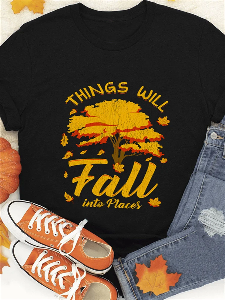 Vefave Black Things Will Fall into Places Golden Tree Graphic T Shirt