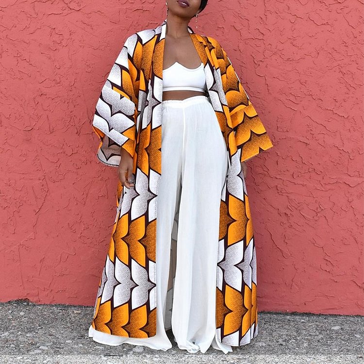 Vefave Casual Contrast Print Kimono Duster