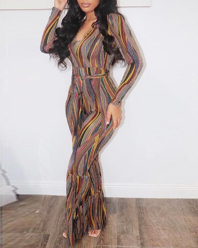 Allover Print Belted Ruffle Trim Round Neck Casual Jumpsuit - Shop Trendy Women's Clothing | LoverChic