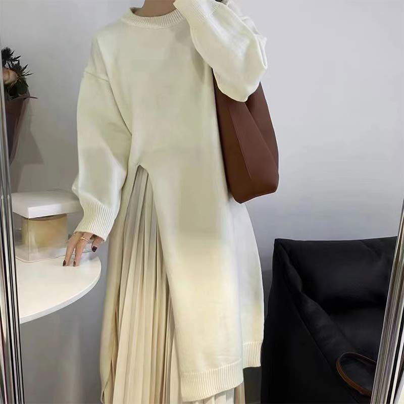 Round Collar Pure Color Slit Knit Sweater Dress