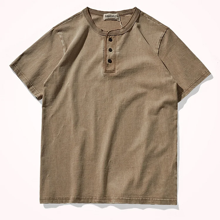 TIMSMEN American Heavy Henley Collar Cotton Short Sleeve T-Shirt
