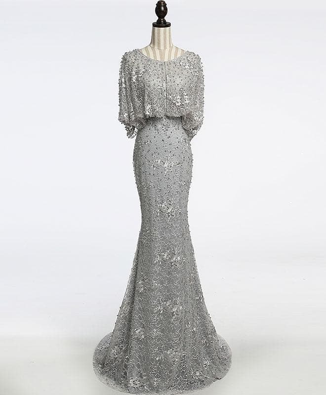 Gray Lace Tulle Mermaid Long Prom Dress, Gray Evening Dress