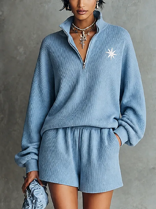 Women's Casual Sky Blue Knit Half-Zip Embroidered Shorts Set MD