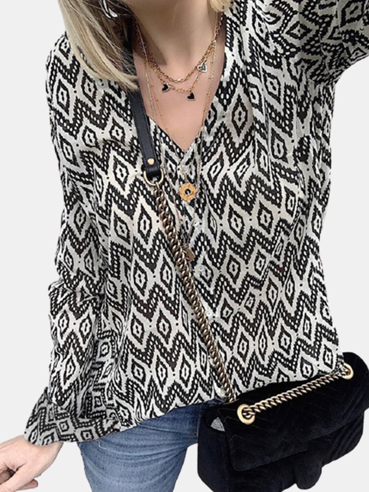 Vintage Geometric Printed Blouse V neck Long Sleeve Shirt P1768947