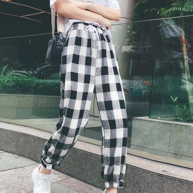 ROPALIA New Fashion Women Autumn Casual Pants Clothes Black White Plaid Female Harem Pants Loose Drawstring Pants Clothing P14401