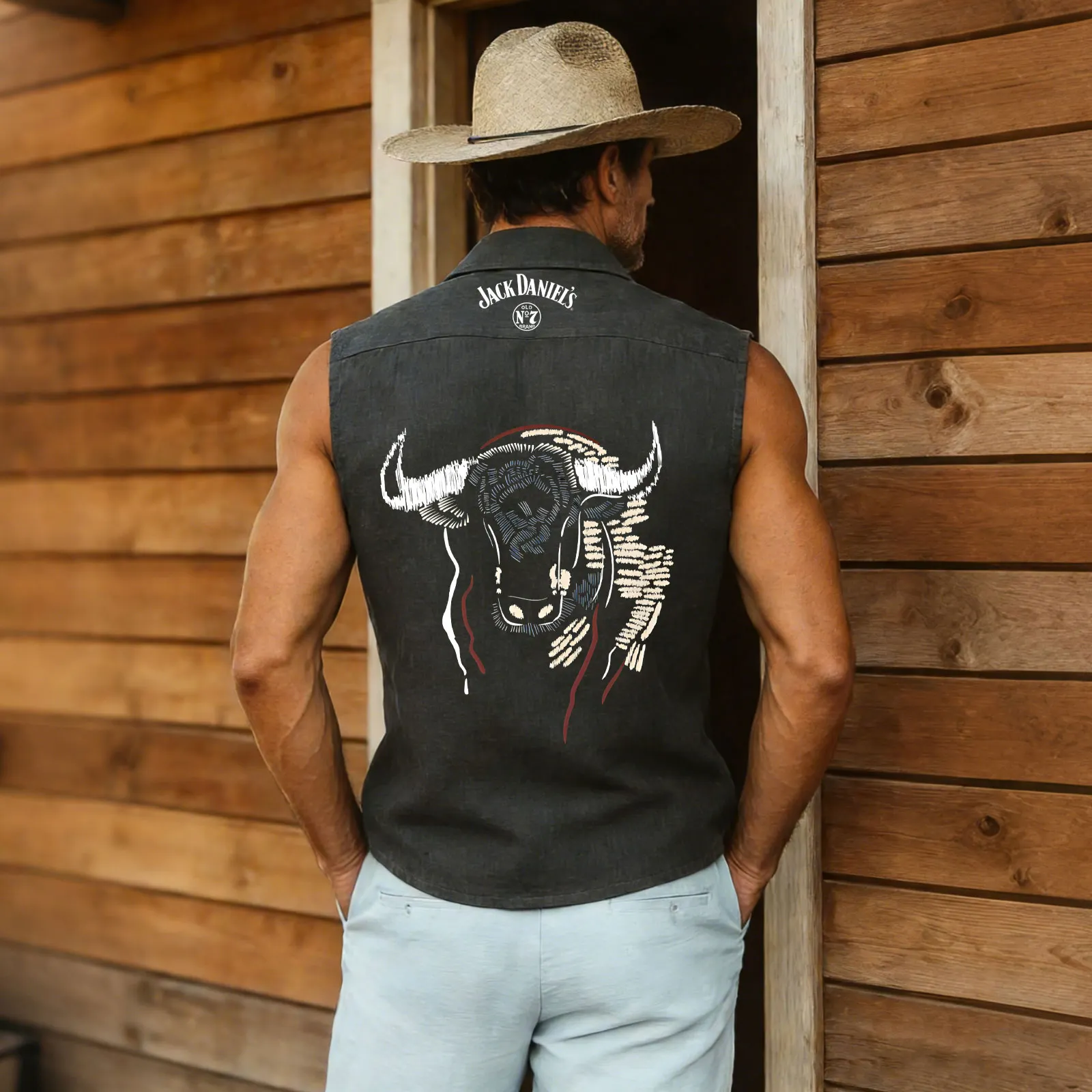 Bull Head Sleeveless Shirt With Western Design