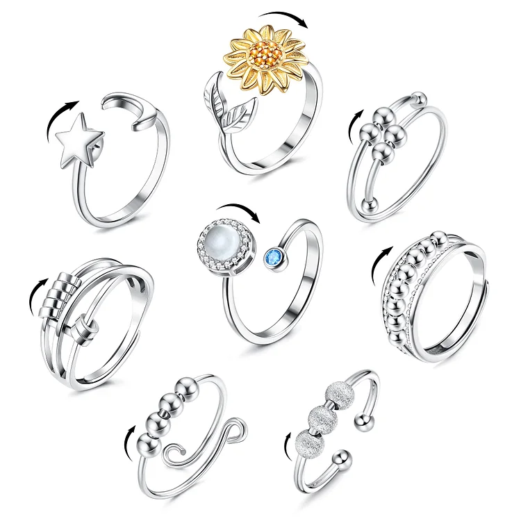 Diamday 8pcs Fidget Anxiety Ring for Women Spinner Ring for Anxiety Sunflower Bead Fidget Rings