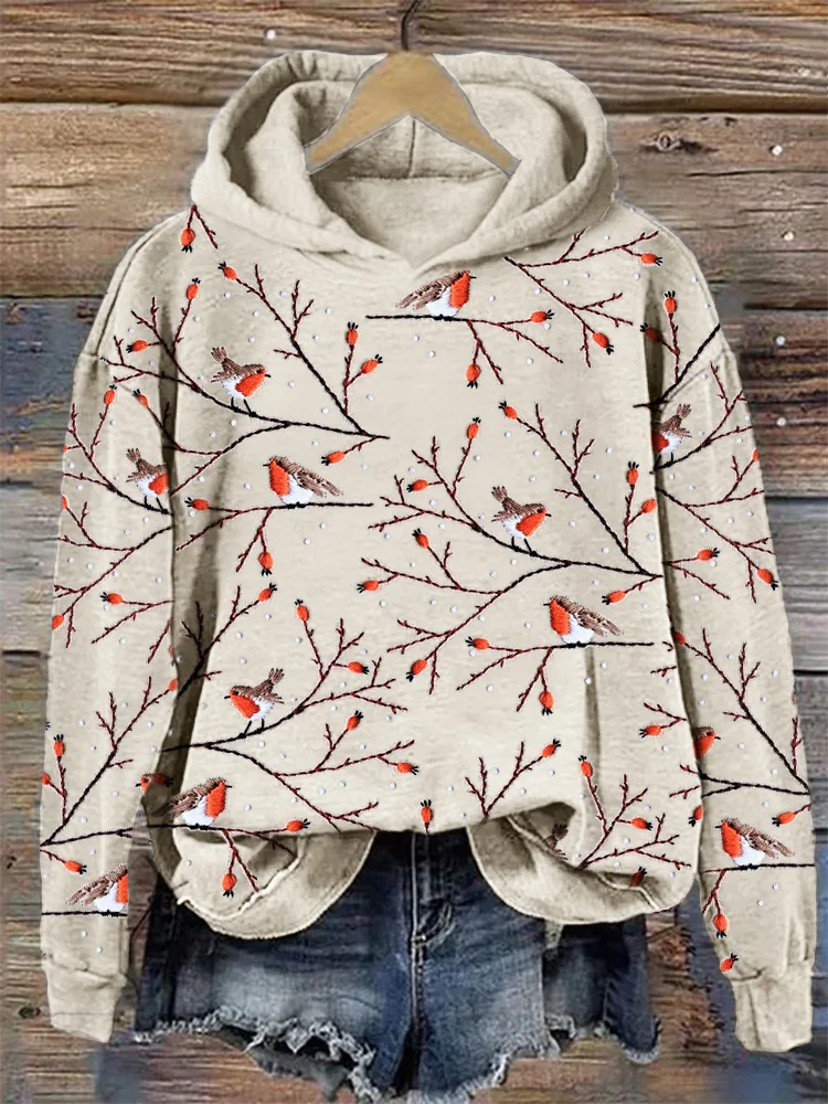 Winter Birds On Branches Embroidered Cozy Hoodie