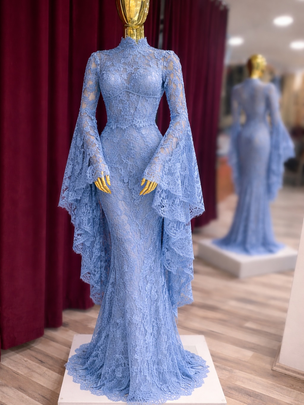 Lussooy Elegant Blue Lace Long Sleeves High Neck Prom Dress with Mermaid