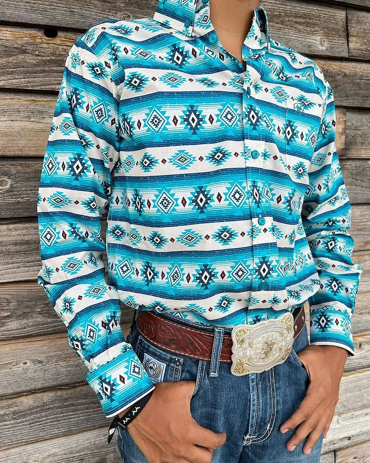 Men's West Cowboy Print Long Sleeve Shirt