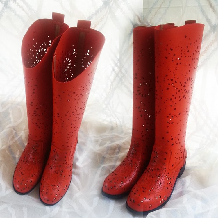 Dark Orange Summer Boots Laser Cut Knee Boots for Women |FSJ Shoes