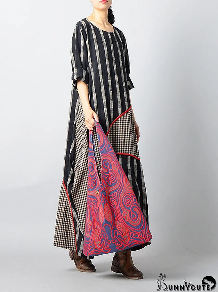 Plus Size - Stripes Plaid Spliced Irregular Cotton Linen Dress