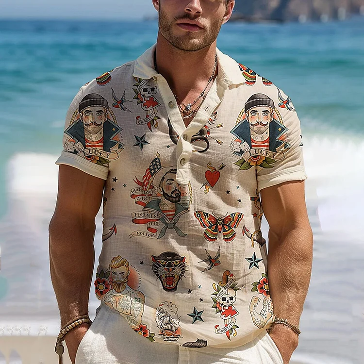 Men's Linen Art Pattern Print Polo Shirt
