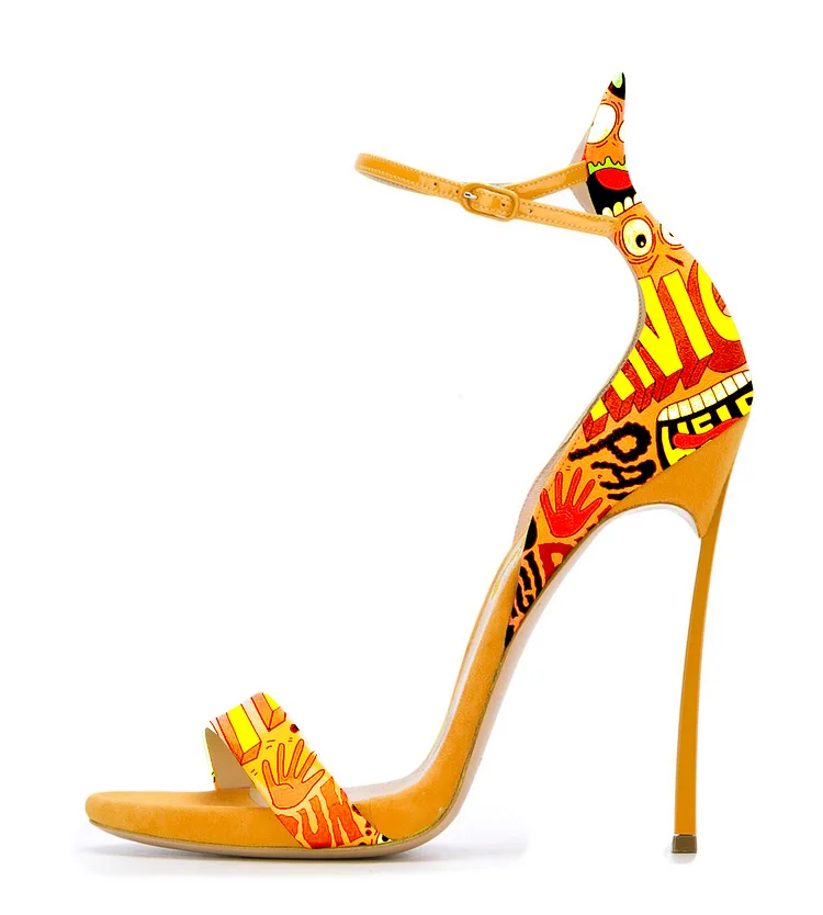 Yellow Floral Open Toe Stiletto Ankle Strap Sandals Vdcoo