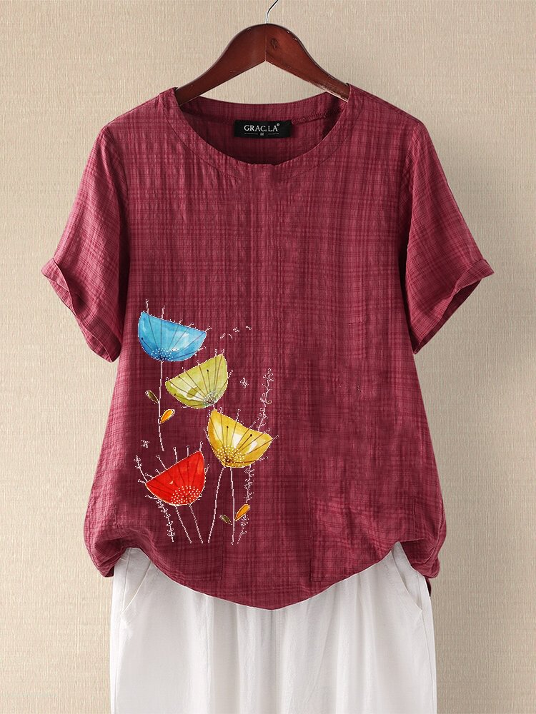 Cartoon Floral Printed Plaid Casual T shirt For Women P1664215
