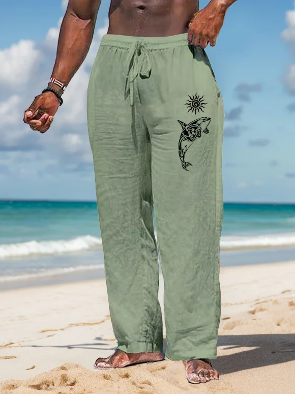 Suitmens Men's Dolphin Sun Pattern Cotton And Linen Trousers