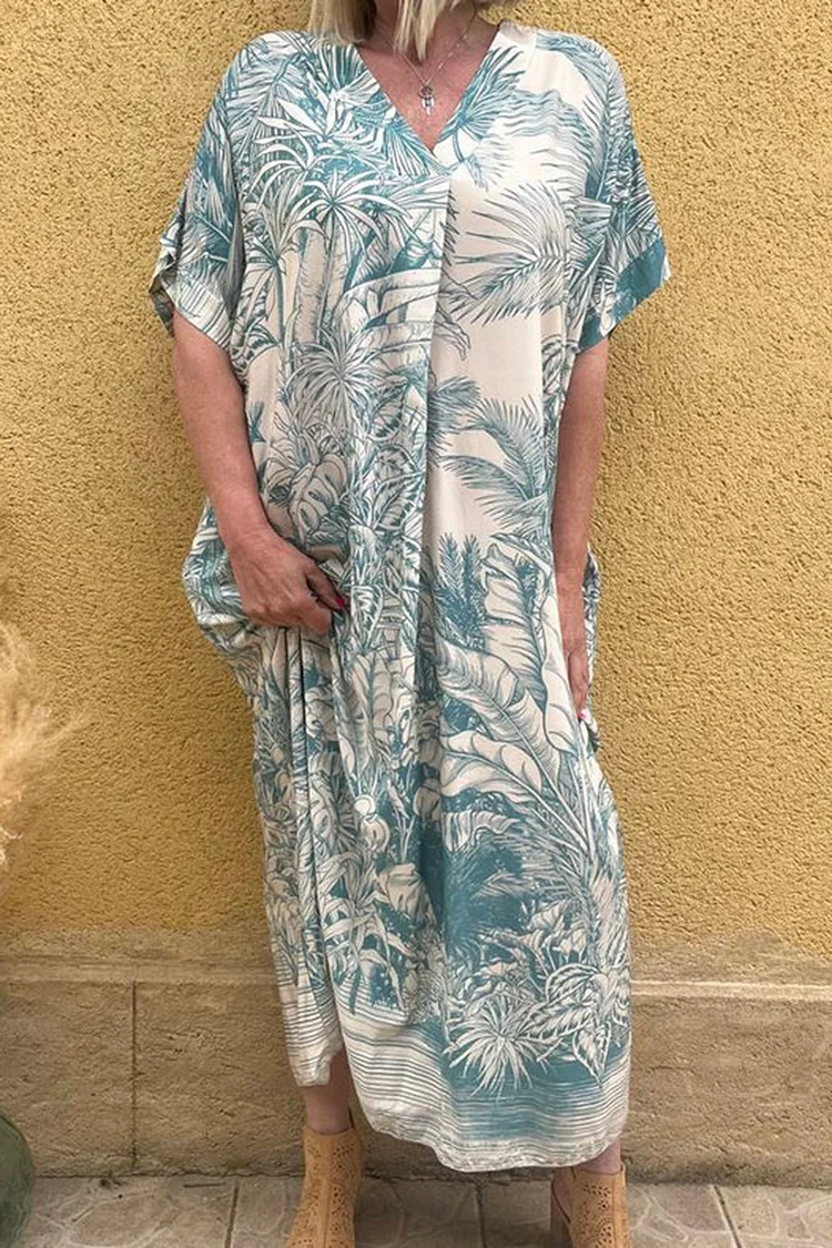 V Neck Tropical Leaf Printed Linen Loose-Fit Bohemia Maxi Dresses [Pre Order]