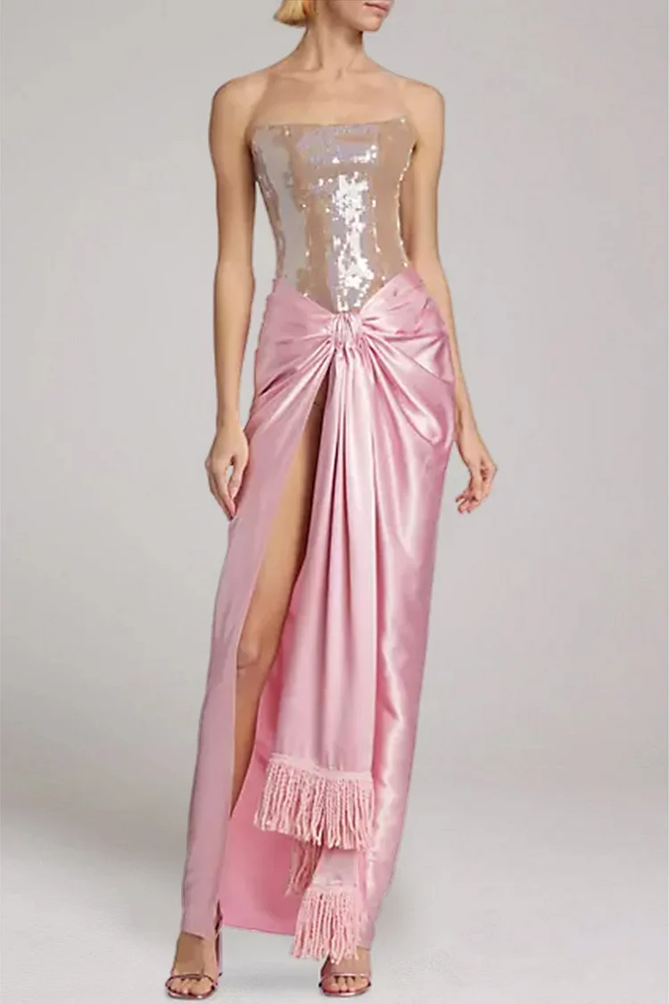 Party Strapless Sequin Patchwork Split Maxi Dress-Pink [Pre-Order]