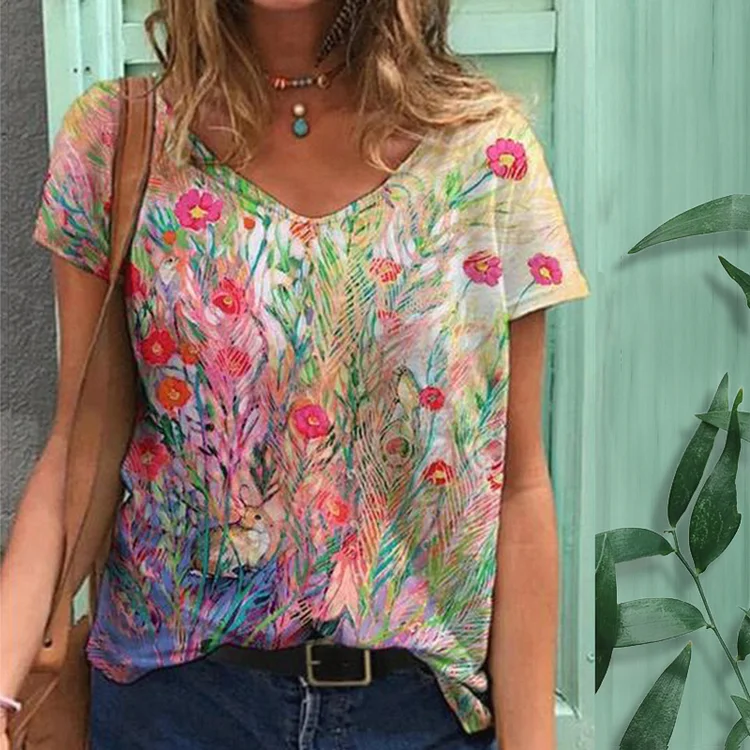 Floral Print Short-Sleeved T-Shirt