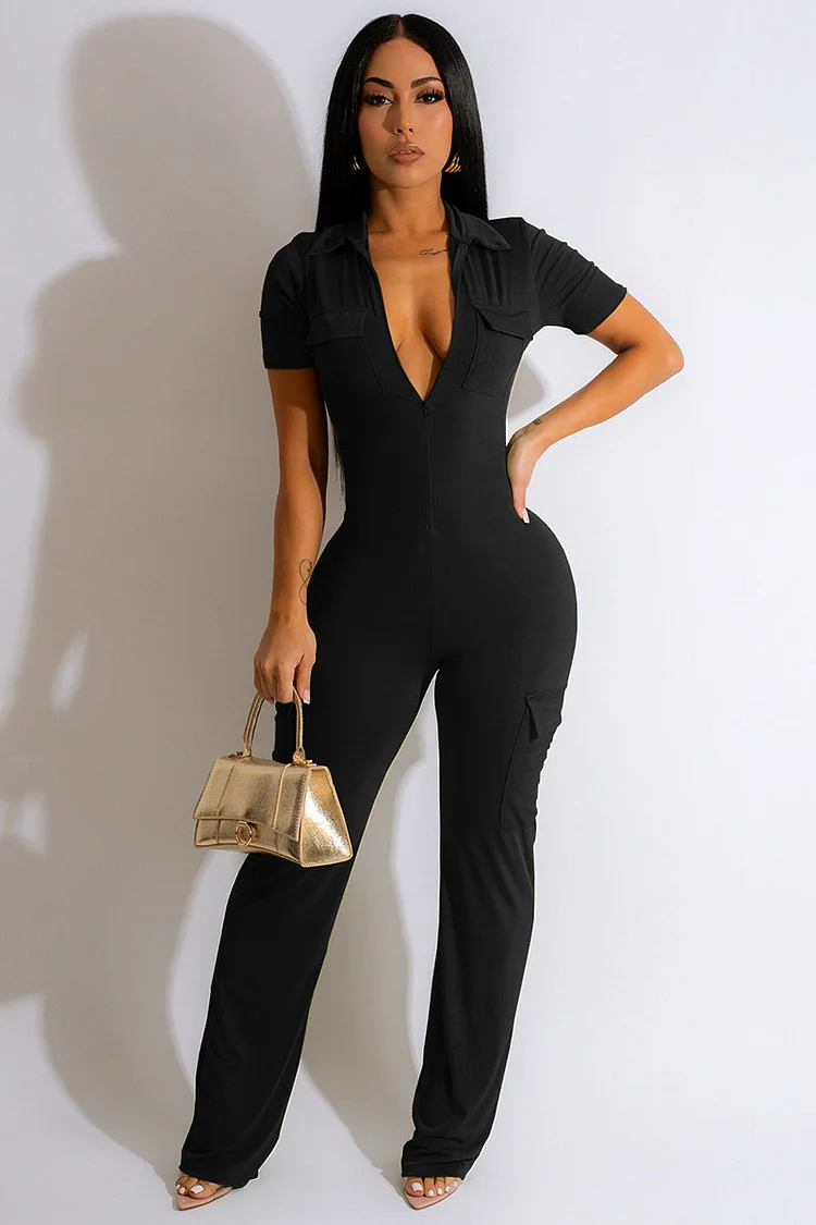 Zip Pocket Short Sleeve Bodycon Straight Leg Casual Jumpsuit