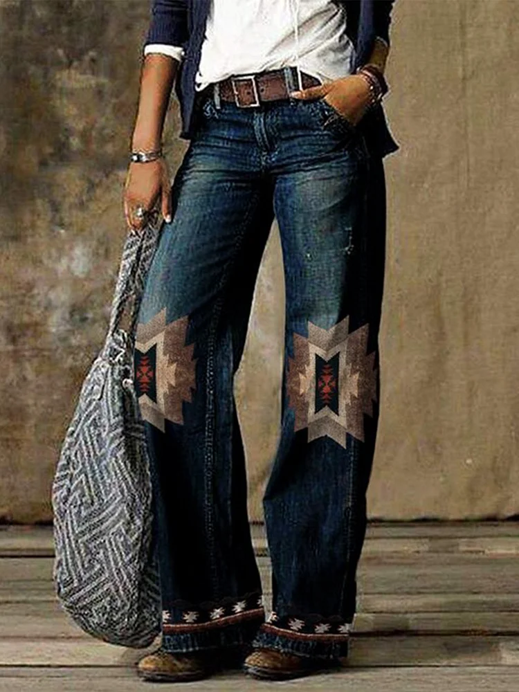 Vintage Western Tribe Print Pocket Women's Jeans