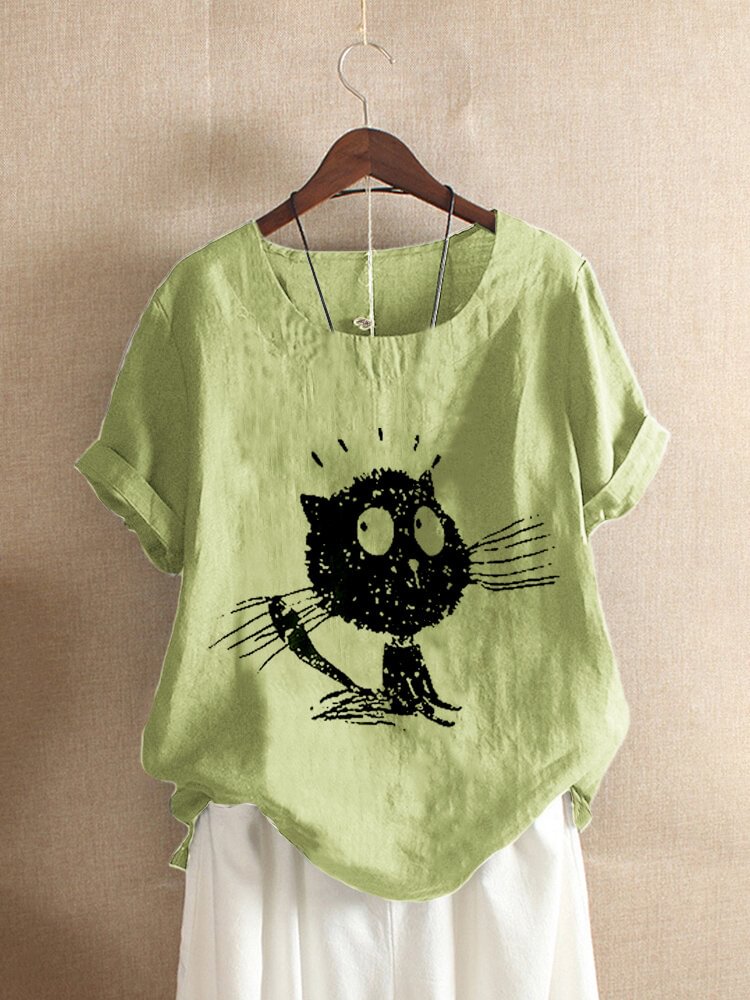 Cartoon Cat Printed O Neck Casual T shirt For Women P1673048