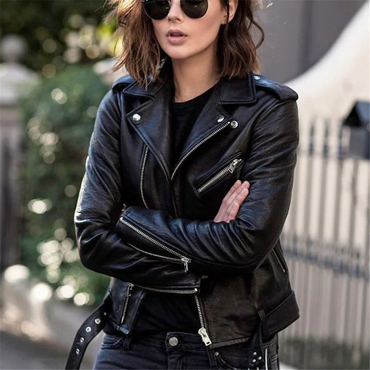 Women Black Leather moto Jacket, Womens Fashion black leather belted Jacket