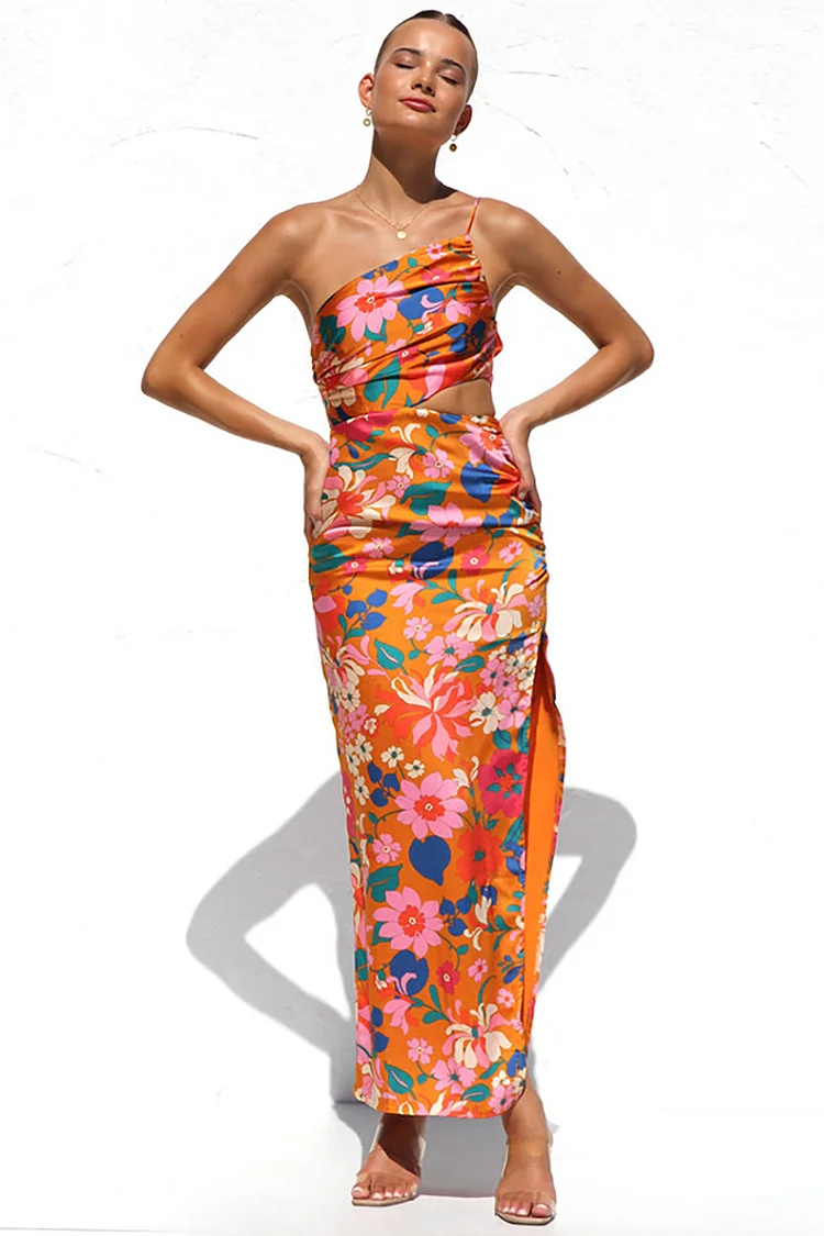 Satin Floral Print One Shoulder Boat Neck Cutout High Slit Vacation Slim Maxi Dresses