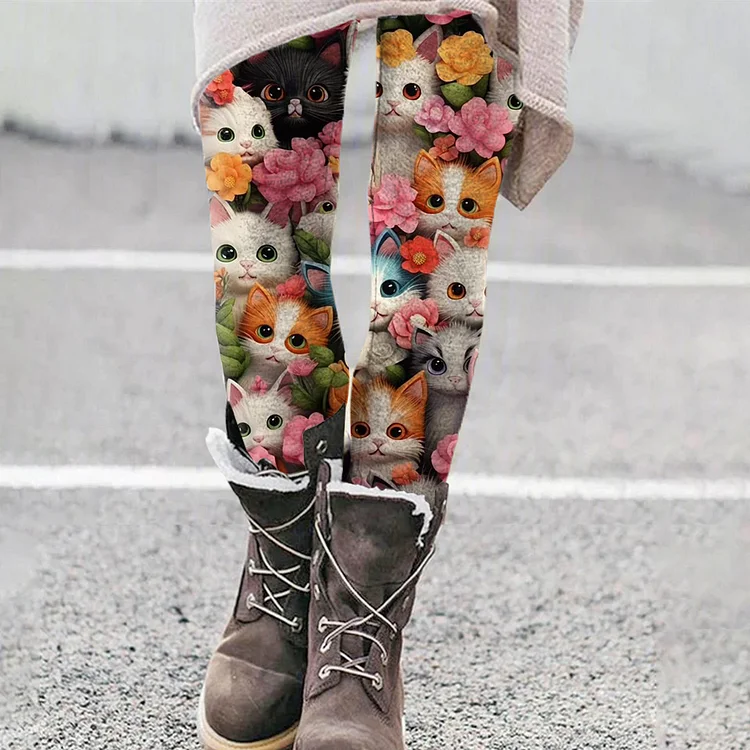 Women's Cat And Floral Print Casual Leggings